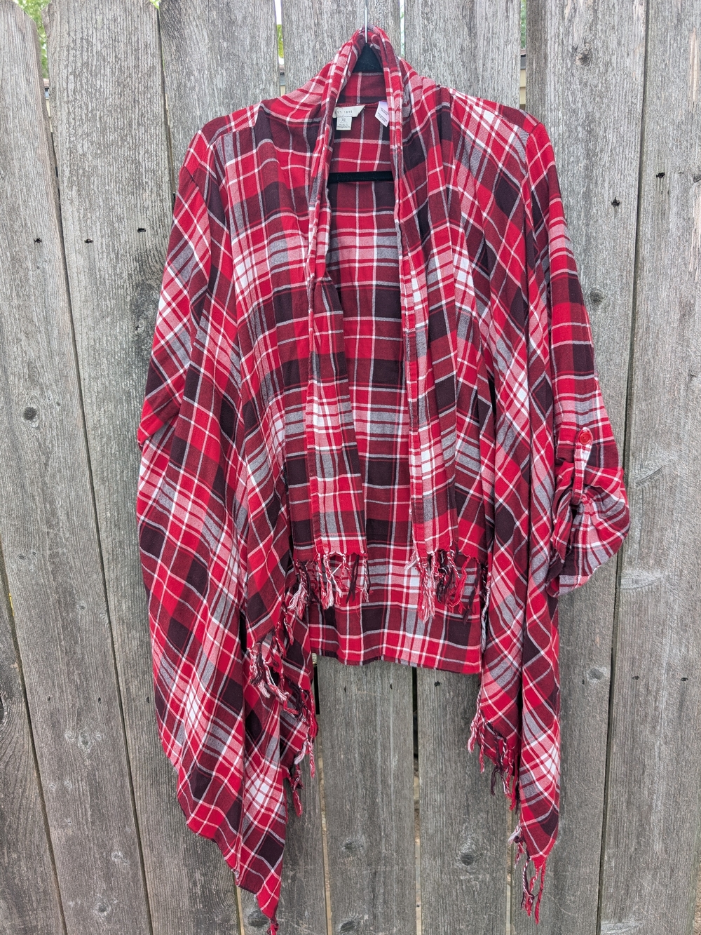 Women's Red Plaid Open-Front Shawl Cape with Fringe